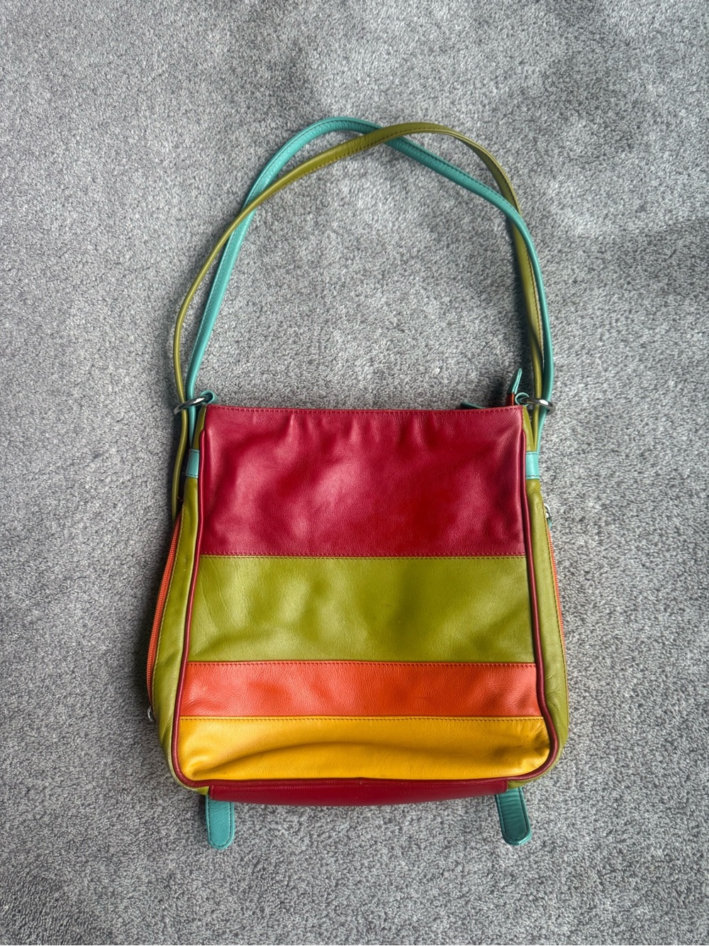 Colorblock Leather Crossbody Backpack - Red, Green, Orange, Yellow, Teal
